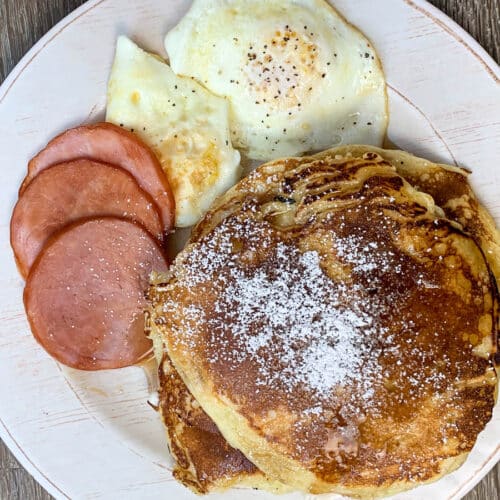 pancakes with eggs and canadian bacon