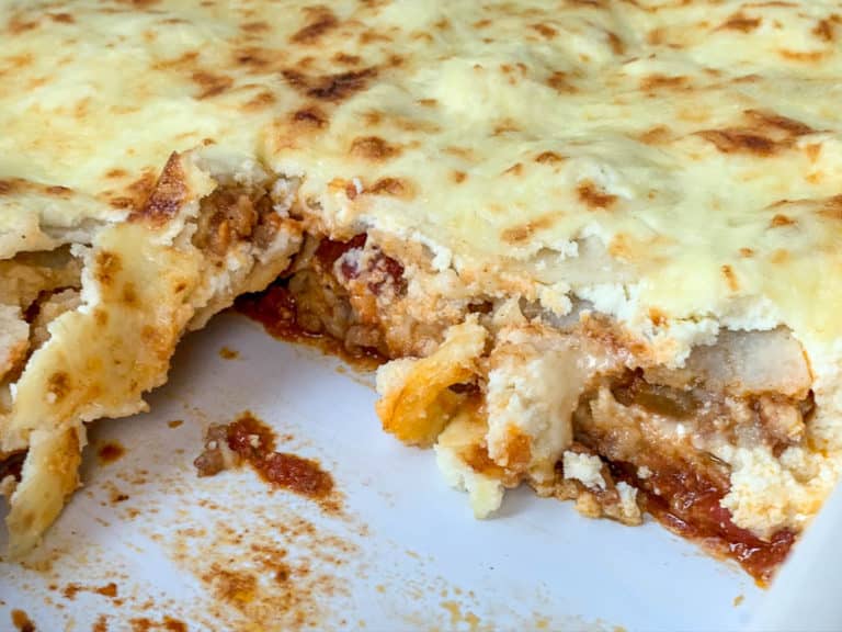 mexican lasagna in casserole dish