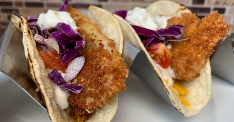 fish tacos with green chili sauce