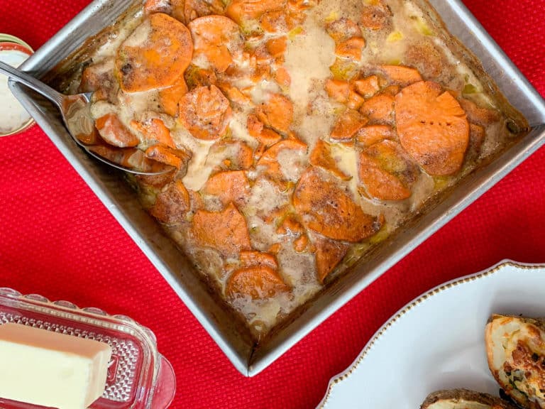potatoes in pan on red tablecloth