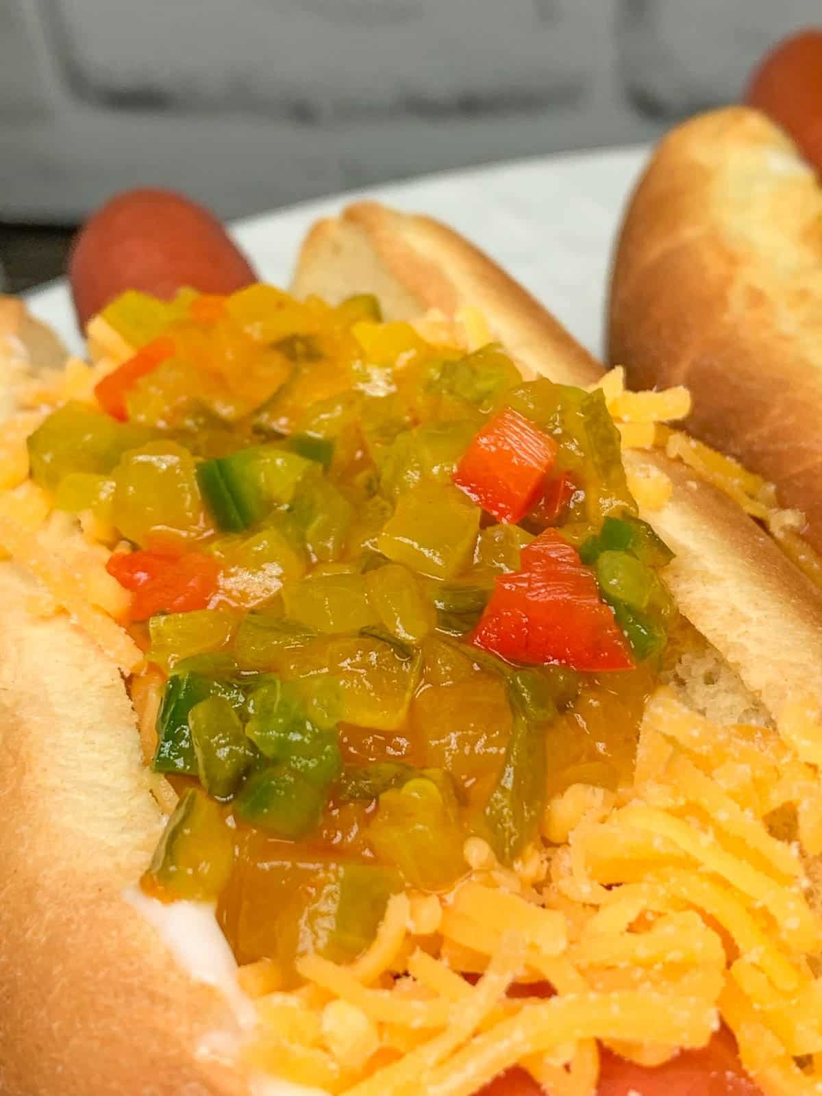spicy relish on hot dog