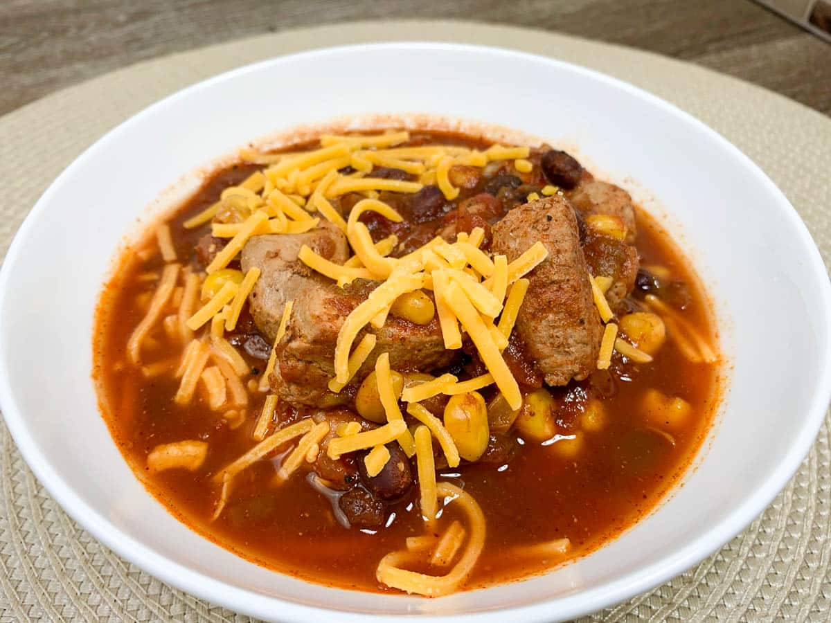 chili in a white bowl