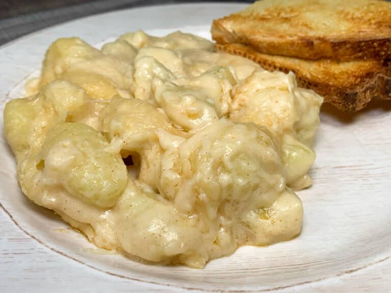 gnocchi mac and cheese on a white plate