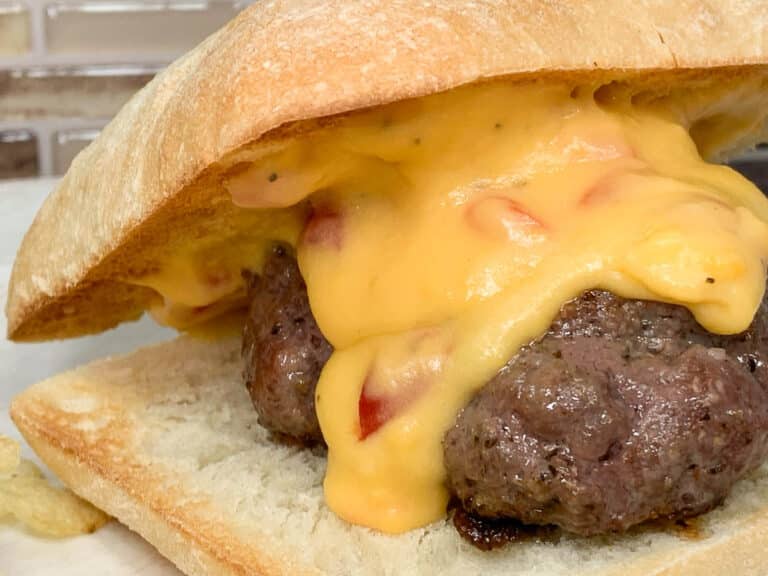 burger with pimiento cheese sauce