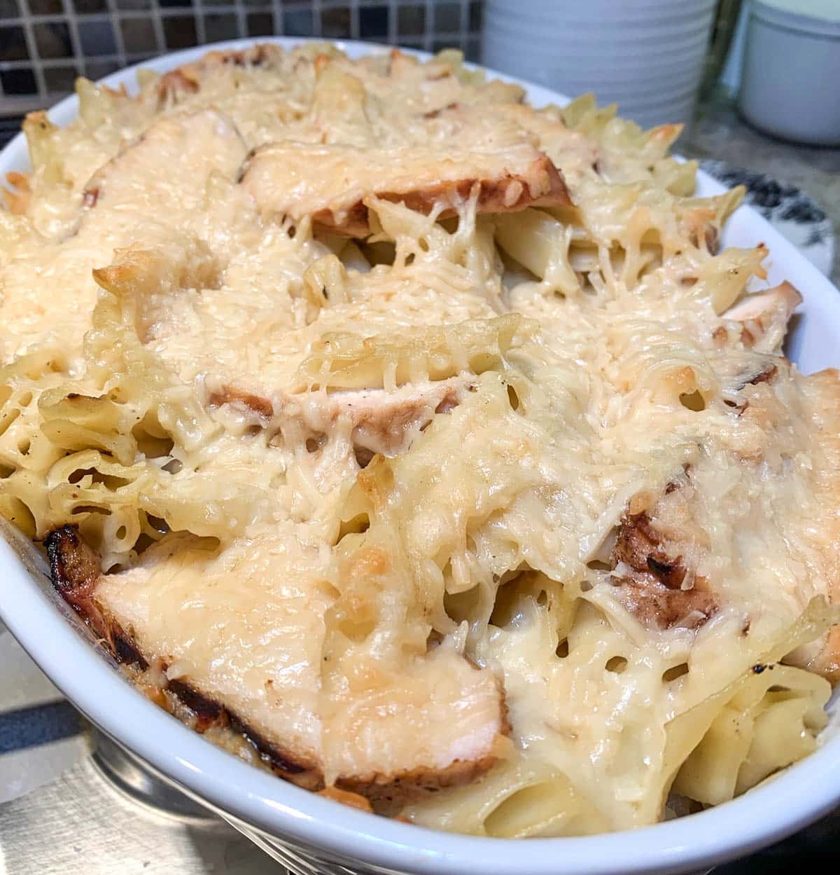 chicken penne casserole out of the oven
