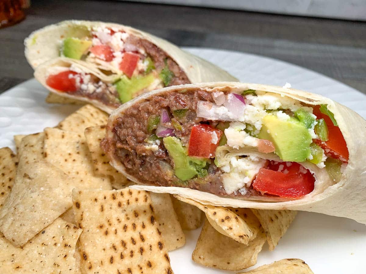 black bean burrito with tortilla chips