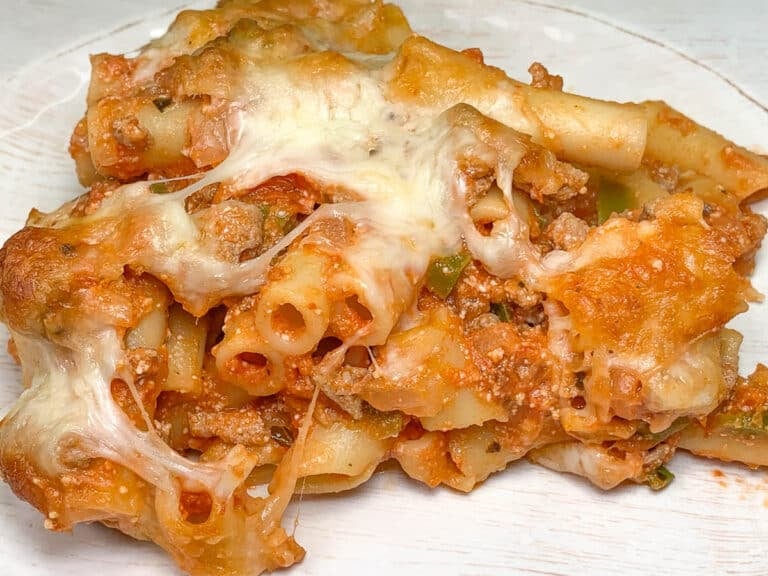 baked ziti and turkey on a plate