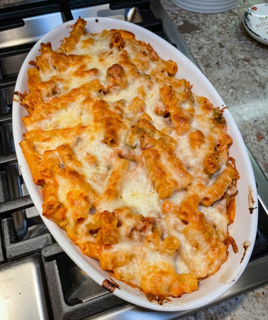 ziti casserole fresh out of the oven