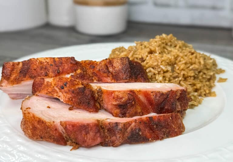 slices of pork loin with rice