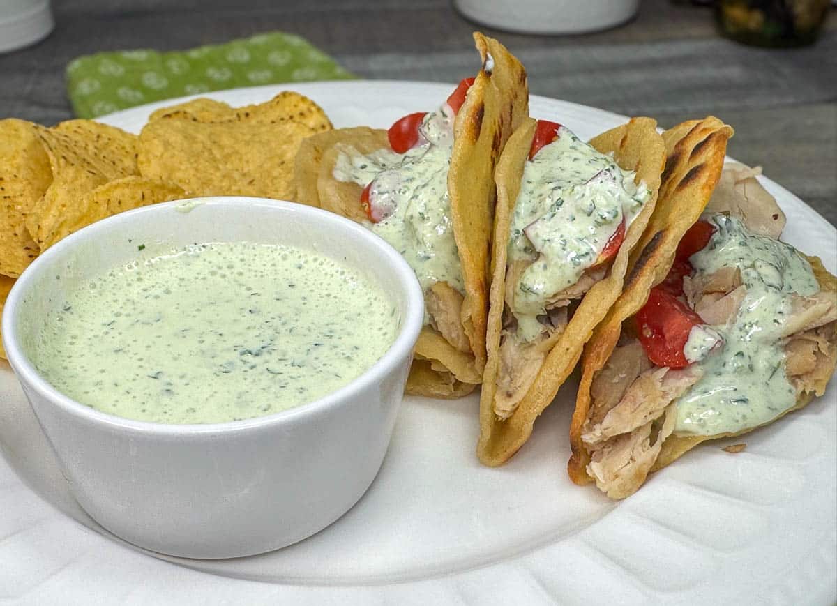 jalapeno lime crema on chicken tacos