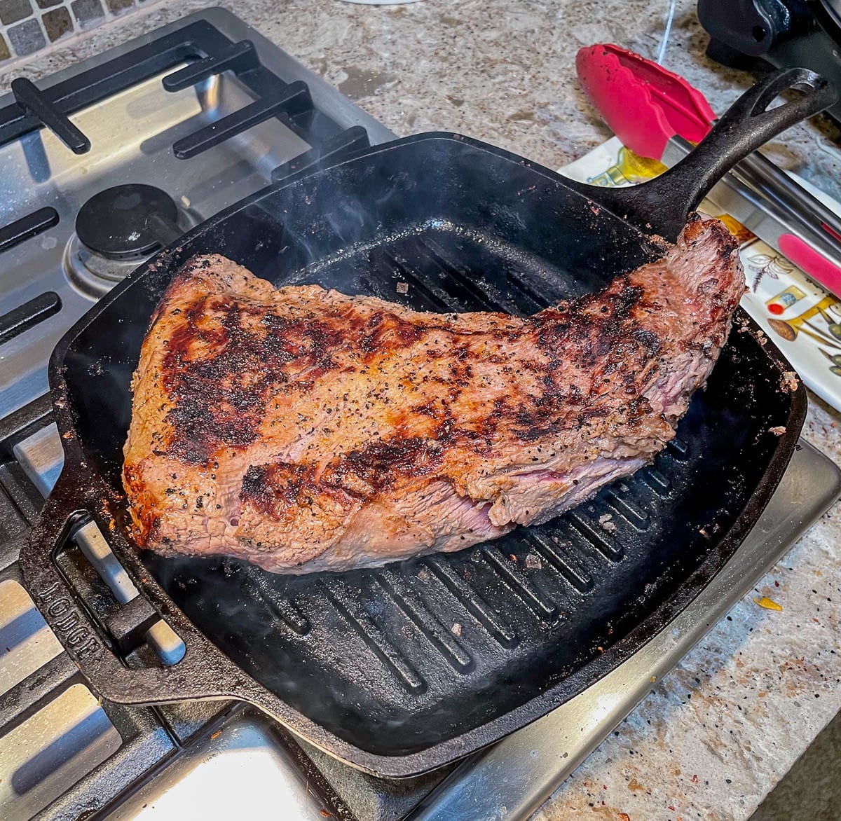 tri-tip in a cast-iron skillet