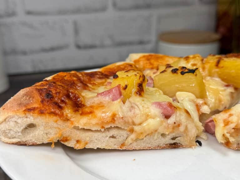 slice of pizza made with homemade pizza dough