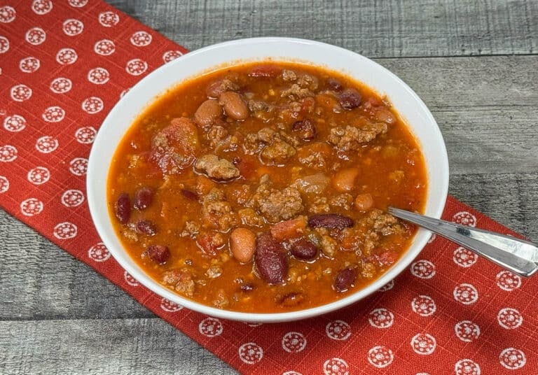 bowl of beef pork sausage chili