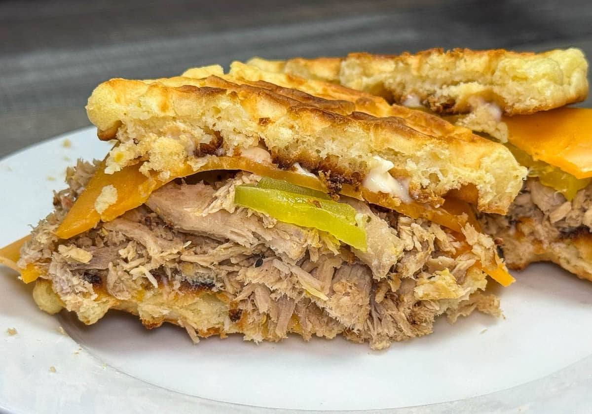 pulled pork cheddar waffle sandwich